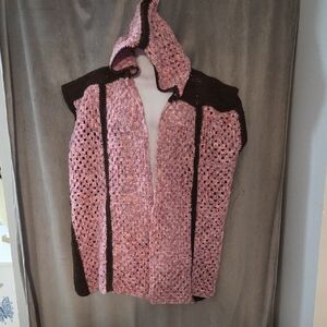 XL-3X Stylish Hooded Handmade Knitted Vest in Pink and Brown
